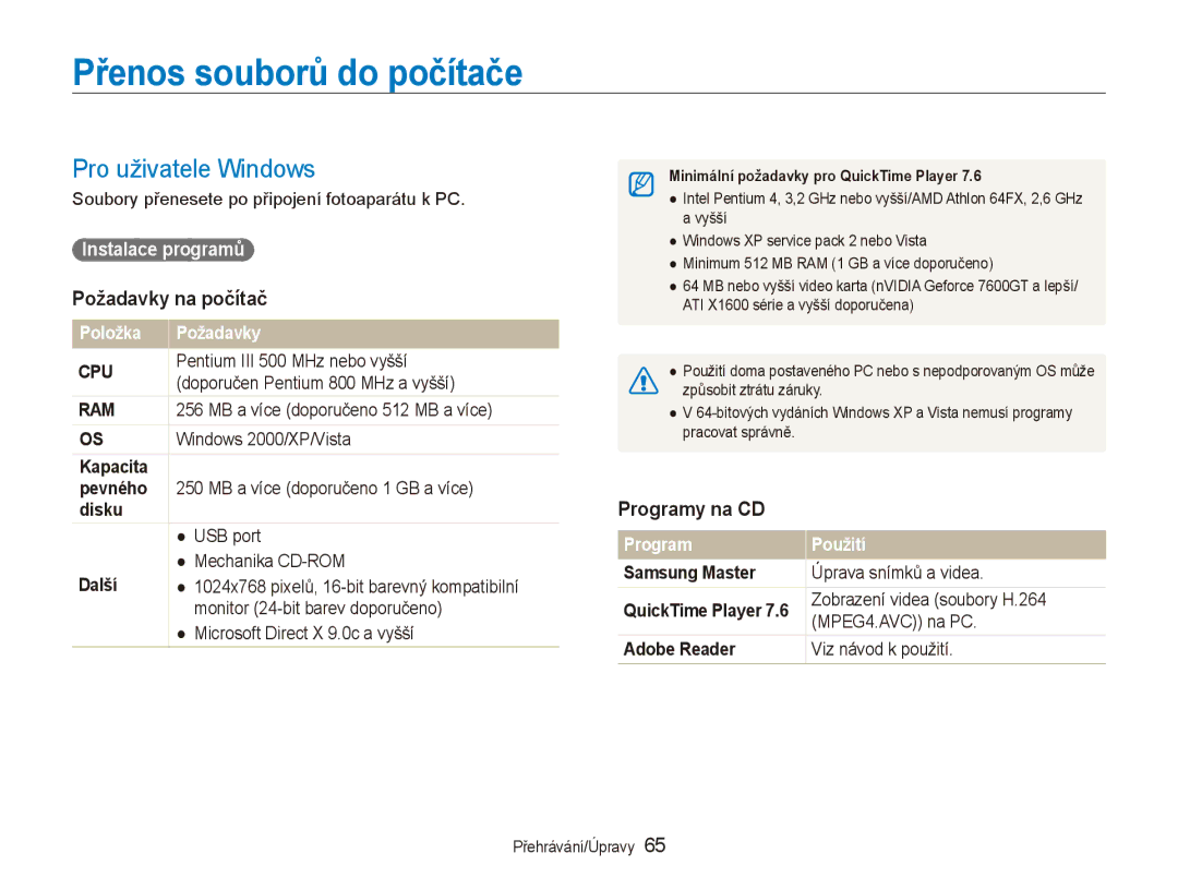 Samsung EC-PL70ZZBPRRU manual Přenos souborů do počítače, Pro uživatele Windows, Požadavky na počítač, Programy na CD 