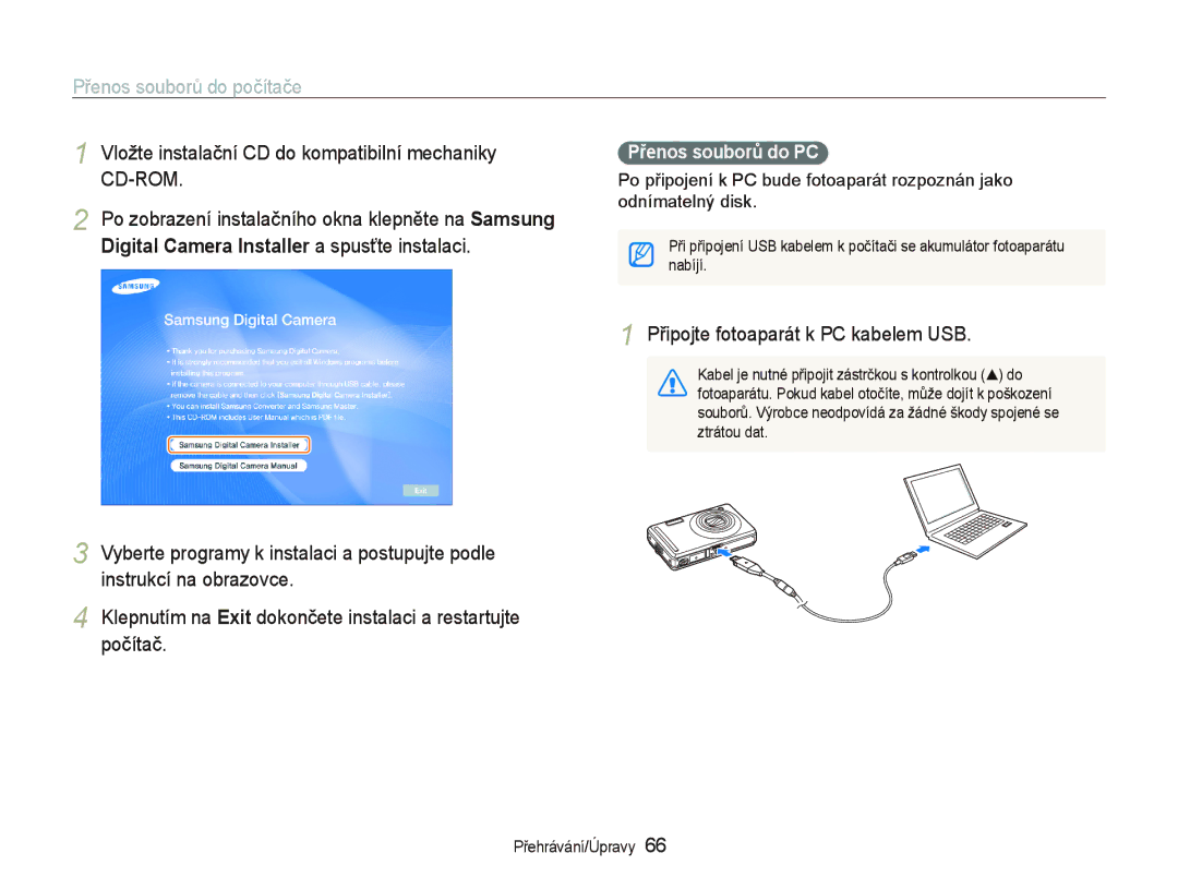 Samsung EC-PL70ZZBPBRU, EC-PL70ZZBPBE1 manual Přenos souborů do počítače, Vložte instalační CD do kompatibilní mechaniky 