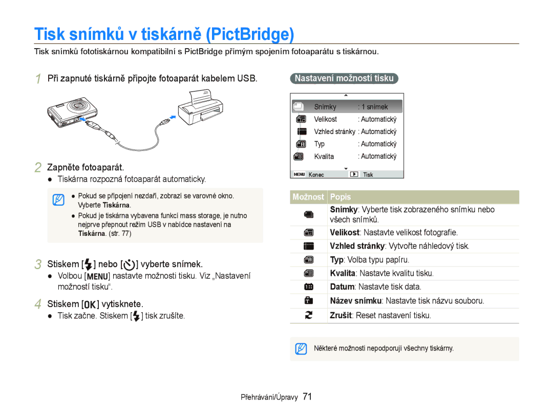 Samsung EC-PL70ZZBPPE3 manual Tisk snímků v tiskárně PictBridge, Stiskem F nebo t vyberte snímek, Stiskem o vytisknete 