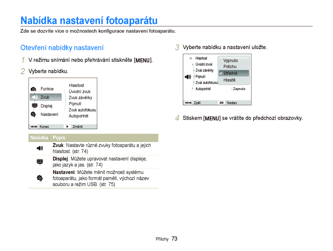 Samsung EC-PL70ZZBPSRU manual Nabídka nastavení fotoaparátu, Otevření nabídky nastavení, Vyberte nabídku a nastavení uložte 