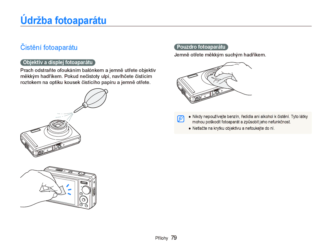 Samsung EC-PL70ZZBPBE1 manual Údržba fotoaparátu, Čistění fotoaparátu, Objektiv a displej fotoaparátu, Pouzdro fotoaparátu 