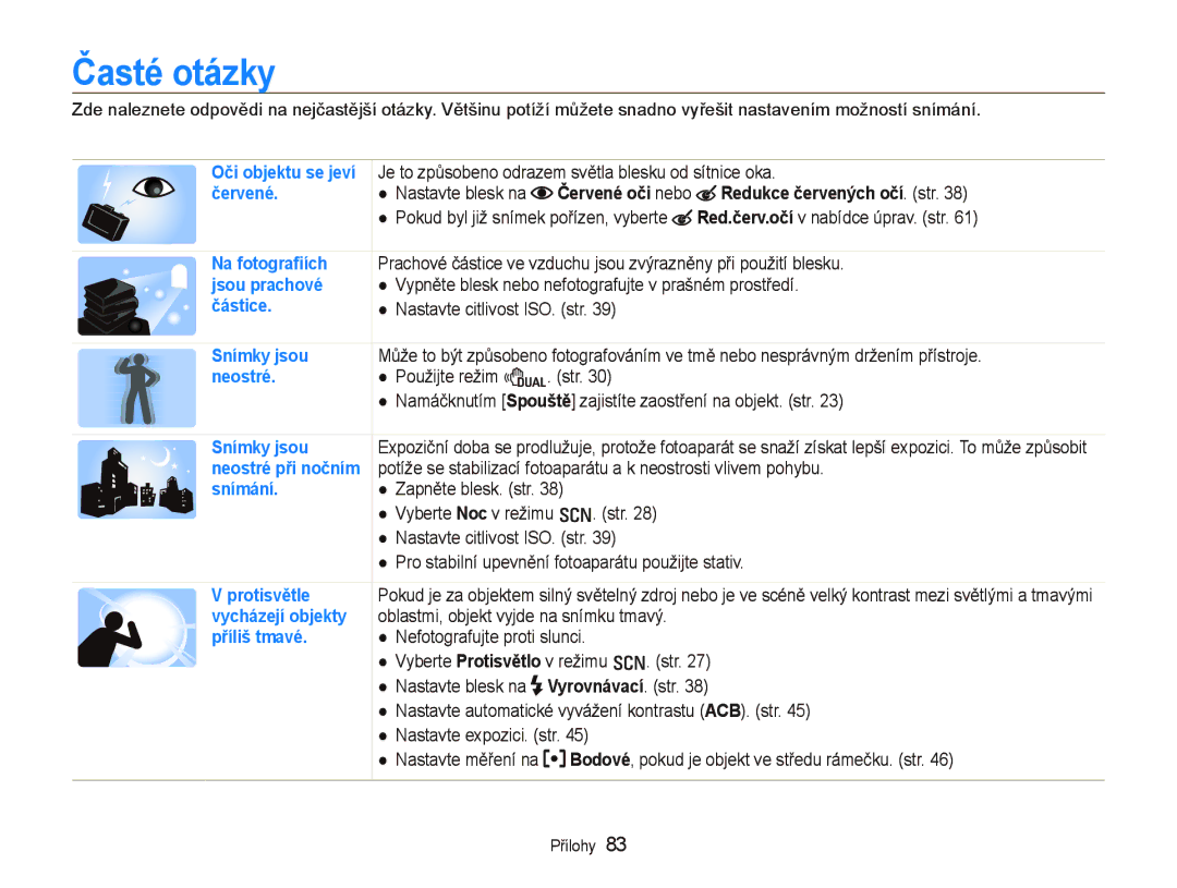 Samsung EC-PL70ZZBPSRU, EC-PL70ZZBPBE1, EC-PL70ZZBPBE3 manual Časté otázky, Redukce červených očí. str, Vyrovnávací. str 