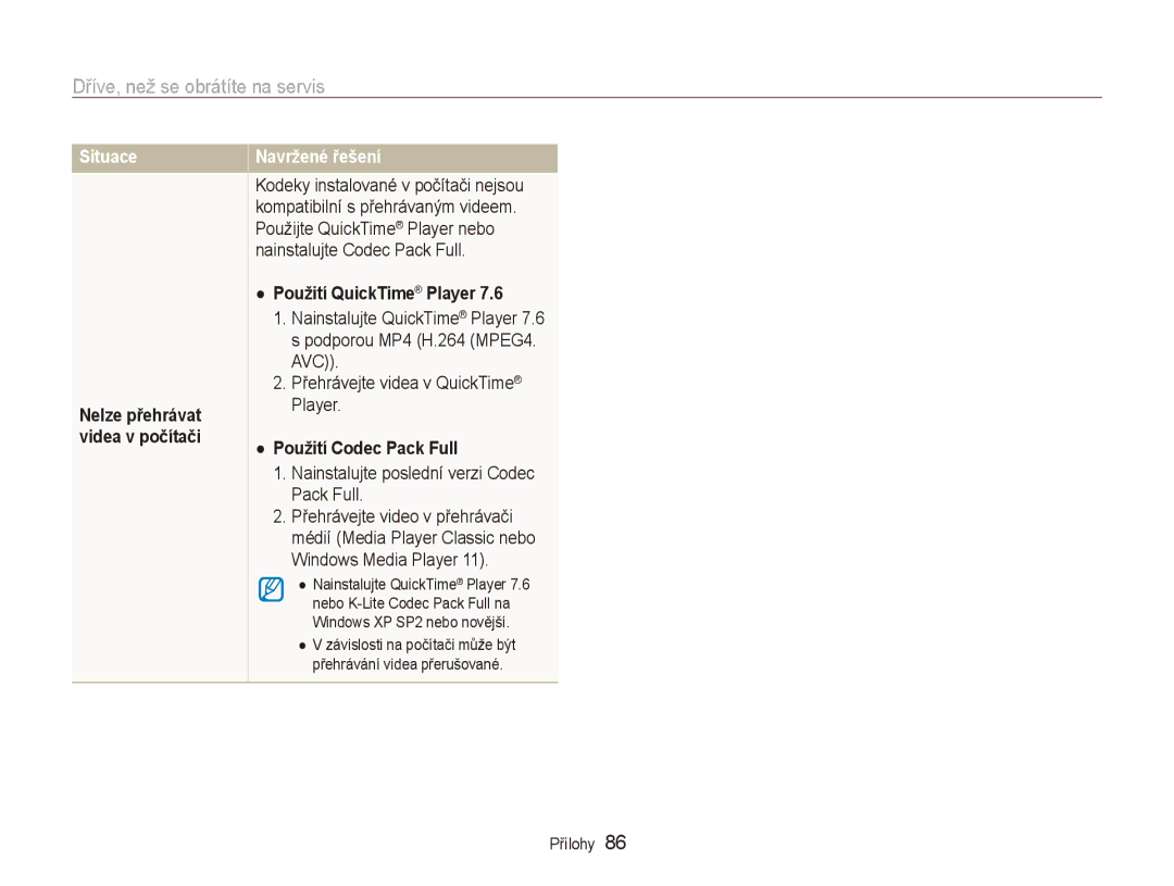 Samsung EC-PL70ZZBPBRU Použití QuickTime Player, Použití Codec Pack Full, Nainstalujte poslední verzi Codec Pack Full 