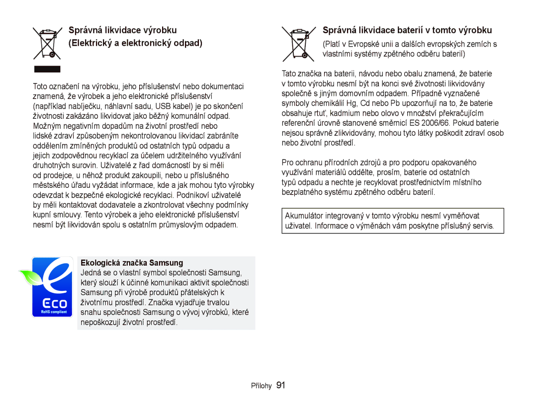 Samsung EC-PL70ZZBPPE3, EC-PL70ZZBPBE1, EC-PL70ZZBPBE3 Správná likvidace baterií v tomto výrobku, Ekologická značka Samsung 