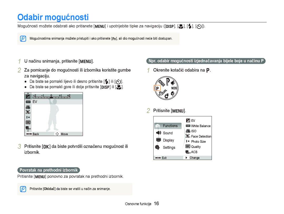 Samsung EC-PL70ZZBPPE3, EC-PL70ZZBPBE3 manual Odabir mogućnosti, Za navigaciju, Okrenite kotačić odabira na p Pritisnite m 