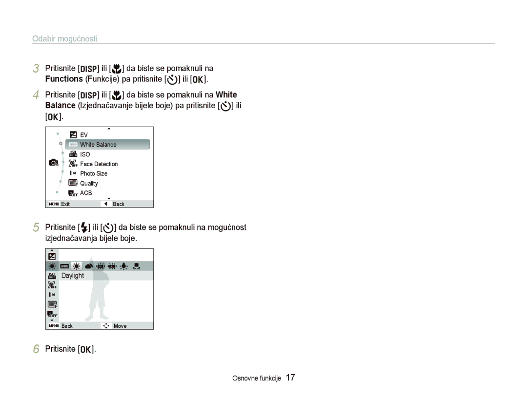 Samsung EC-PL70ZZBPBE3, EC-PL70ZZBPPE3 manual Odabir mogućnosti, Izjednačavanja bijele boje, Pritisnite o 