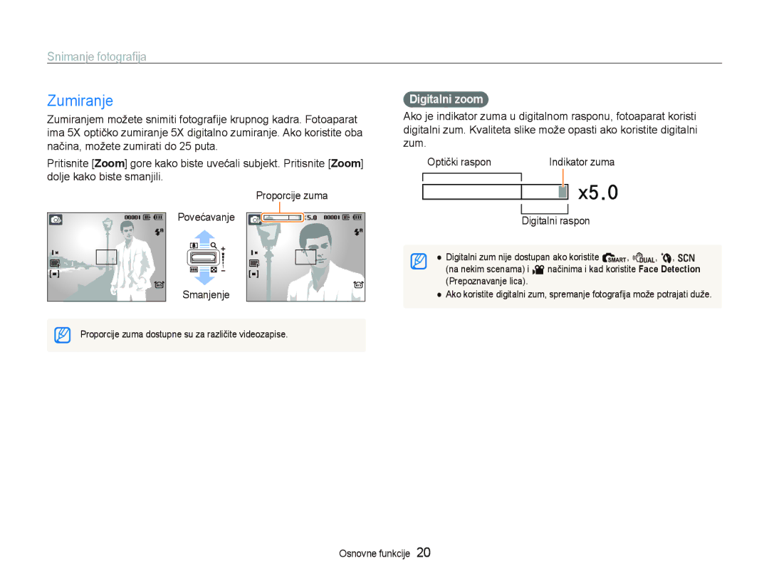 Samsung EC-PL70ZZBPPE3, EC-PL70ZZBPBE3 manual Zumiranje, Snimanje fotograﬁja, Smanjenje, Digitalni zoom, Digitalni raspon 