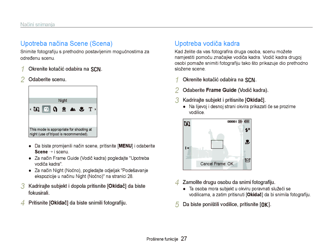 Samsung EC-PL70ZZBPBE3, EC-PL70ZZBPPE3 manual Upotreba načina Scene Scena, Upotreba vodiča kadra, Načini snimanja 