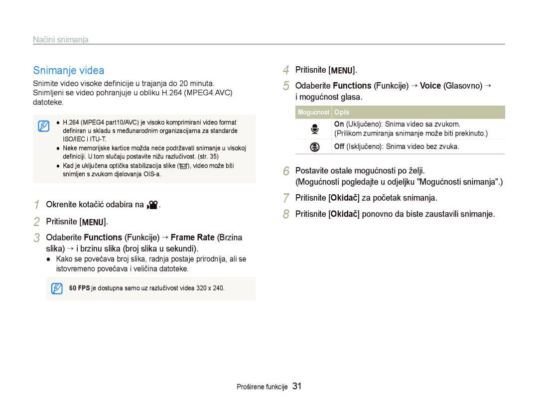 Samsung EC-PL70ZZBPBE3, EC-PL70ZZBPPE3 manual Snimanje videa, Okrenite kotačić odabira na Pritisnite m, Mogućnost glasa 