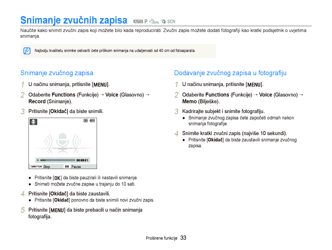 Samsung EC-PL70ZZBPBE3 Snimanje zvučnih zapisa a p d b s, Snimanje zvučnog zapisa, Dodavanje zvučnog zapisa u fotograﬁju 