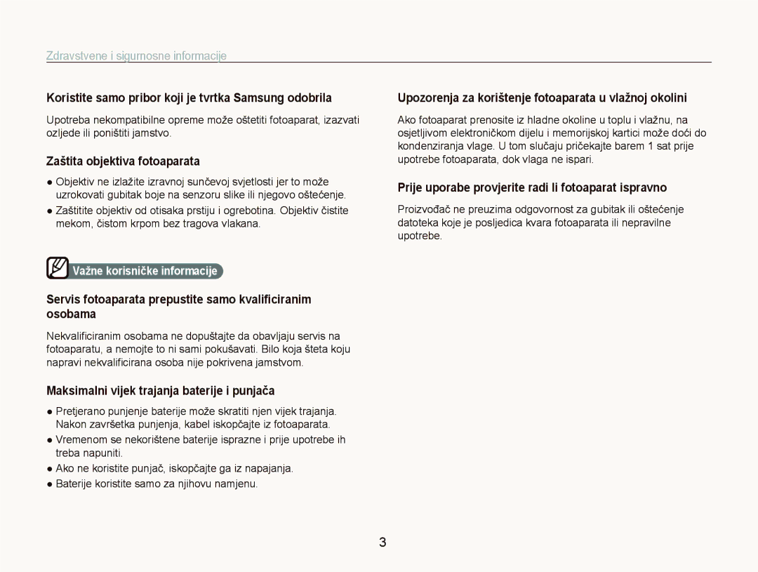 Samsung EC-PL70ZZBPBE3 manual Koristite samo pribor koji je tvrtka Samsung odobrila, Zaštita objektiva fotoaparata 