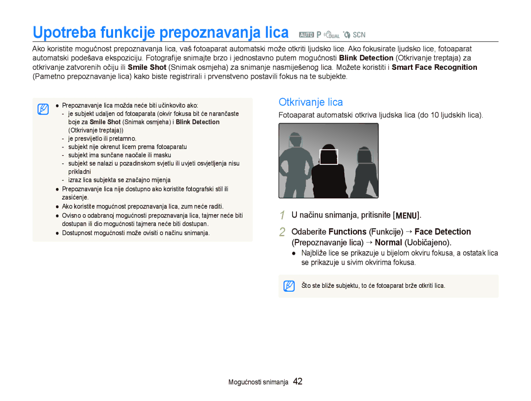 Samsung EC-PL70ZZBPPE3 manual Upotreba funkcije prepoznavanja lica a p d b s, Odaberite Functions Funkcije “ Face Detection 