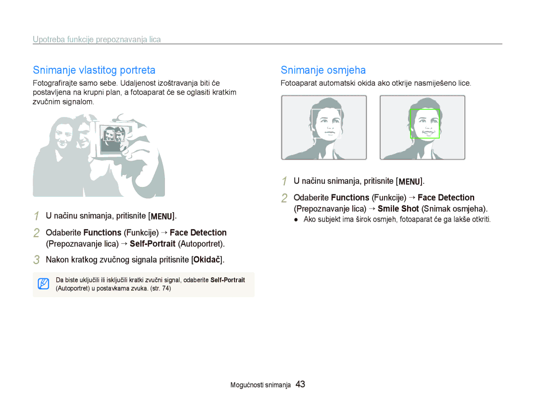 Samsung EC-PL70ZZBPBE3, EC-PL70ZZBPPE3 manual Snimanje osmjeha, Fotoaparat automatski okida ako otkrije nasmiješeno lice 
