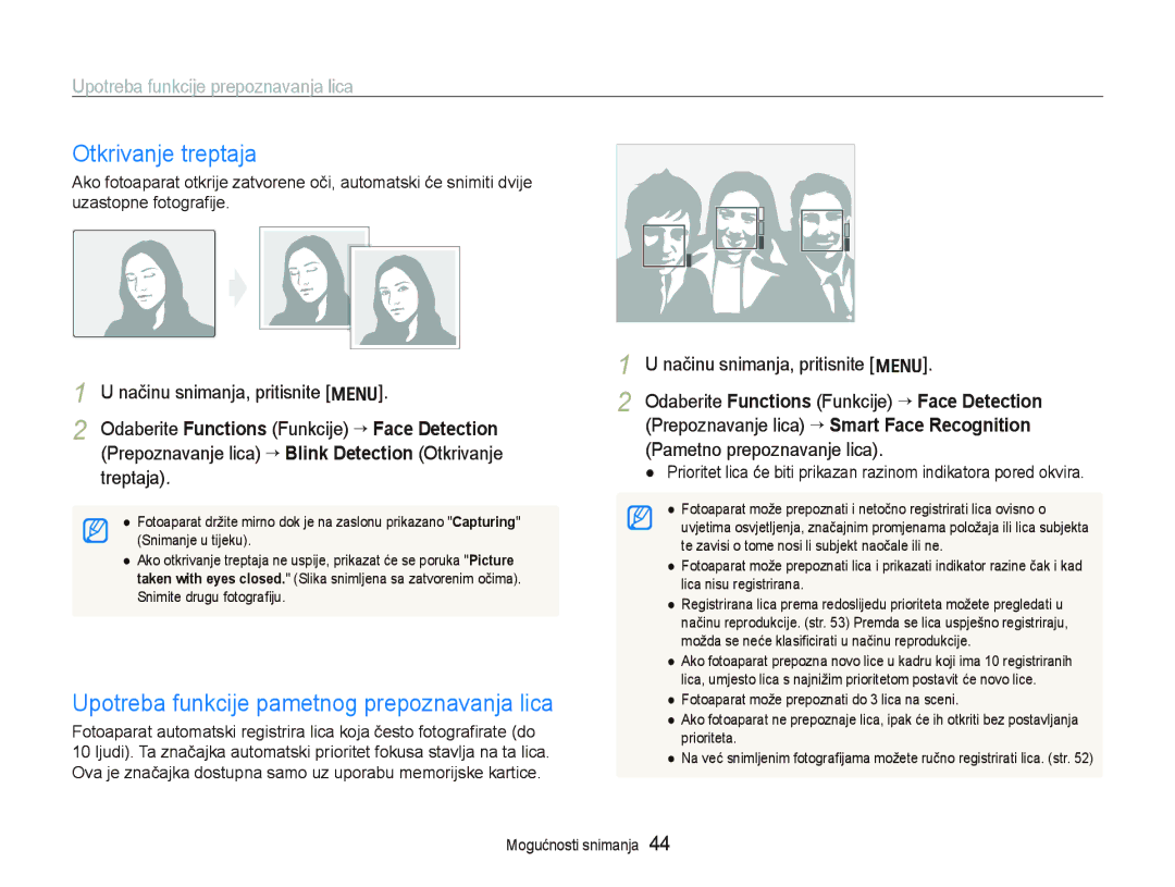 Samsung EC-PL70ZZBPPE3, EC-PL70ZZBPBE3 manual Otkrivanje treptaja, Upotreba funkcije pametnog prepoznavanja lica 