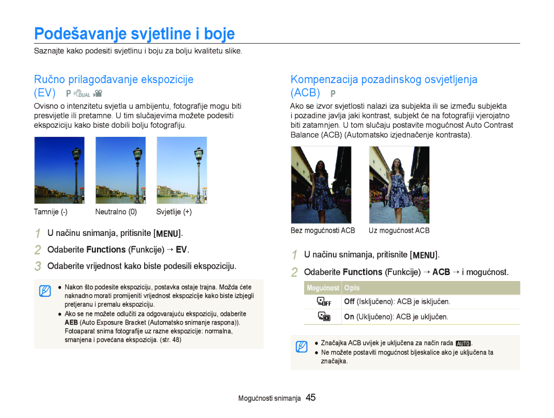 Samsung EC-PL70ZZBPBE3, EC-PL70ZZBPPE3 manual Podešavanje svjetline i boje, Ručno prilagođavanje ekspozicije EV p d 