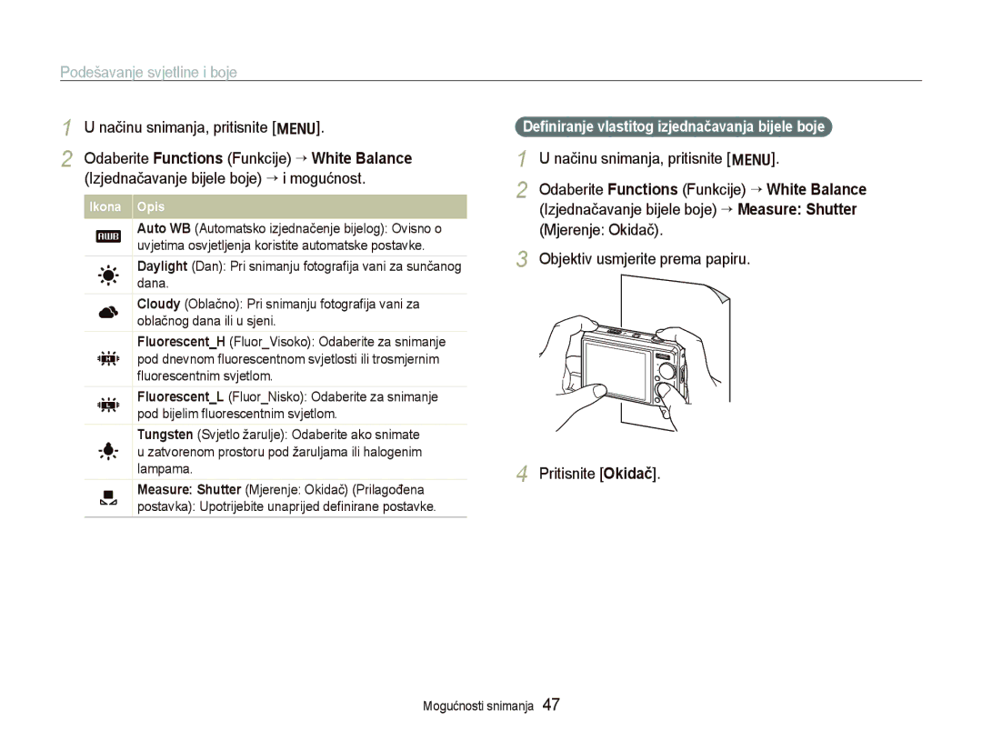 Samsung EC-PL70ZZBPBE3, EC-PL70ZZBPPE3 manual Deﬁniranje vlastitog izjednačavanja bijele boje 