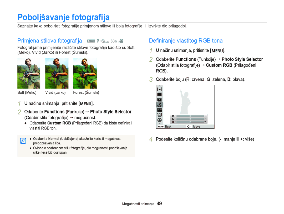 Samsung EC-PL70ZZBPBE3 manual Poboljšavanje fotograﬁja, Primjena stilova fotograﬁja a p d s, Deﬁniranje vlastitog RGB tona 