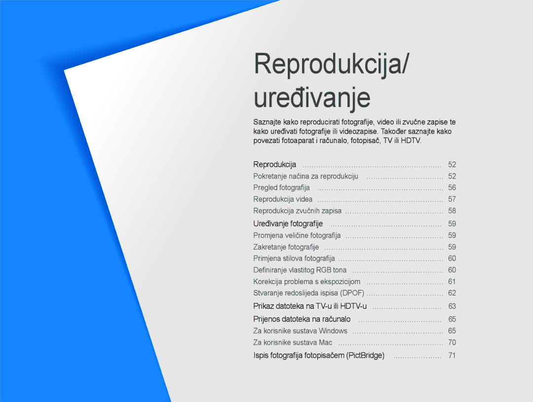 Samsung EC-PL70ZZBPBE3 manual Uređivanje fotograﬁje …………………………………………, Ispis fotograﬁja fotopisačem PictBridge ………………… 