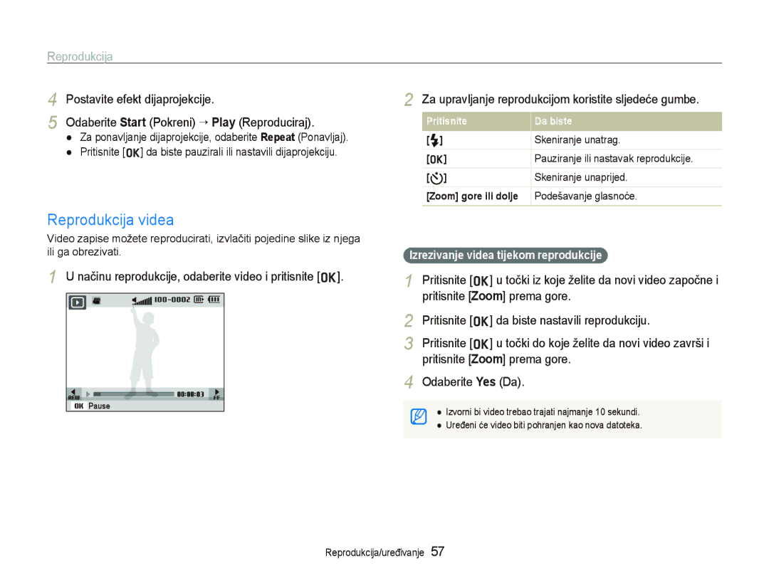 Samsung EC-PL70ZZBPBE3, EC-PL70ZZBPPE3 manual Reprodukcija videa, Za upravljanje reprodukcijom koristite sljedeće gumbe 