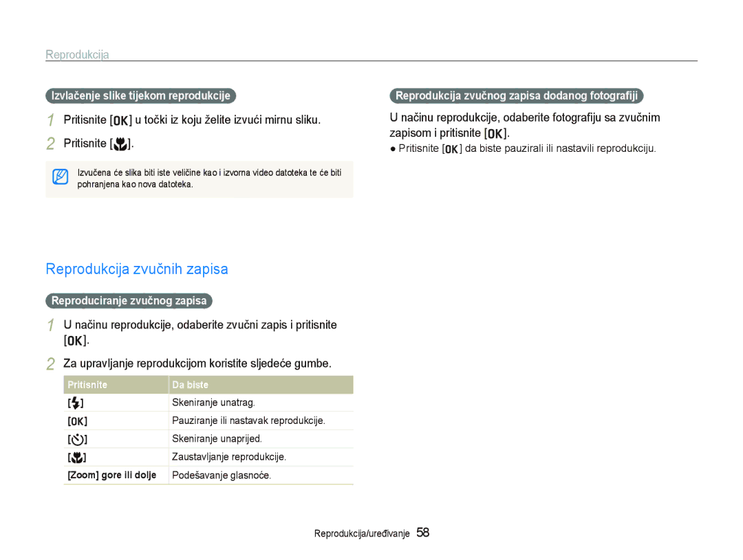 Samsung EC-PL70ZZBPPE3, EC-PL70ZZBPBE3 Reprodukcija zvučnih zapisa, Pritisnite o u točki iz koju želite izvući mirnu sliku 