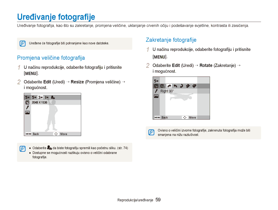 Samsung EC-PL70ZZBPBE3, EC-PL70ZZBPPE3 manual Uređivanje fotografije, Promjena veličine fotografija, Zakretanje fotografije 