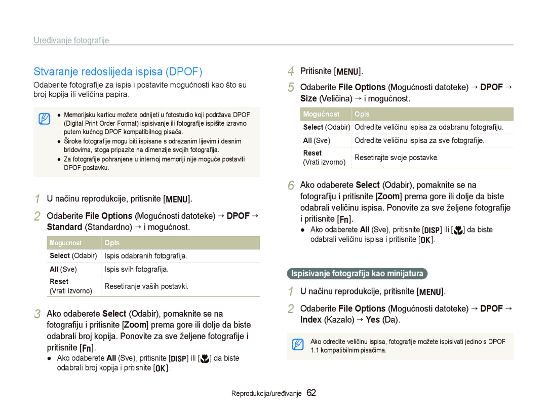 Samsung EC-PL70ZZBPPE3, EC-PL70ZZBPBE3 manual Stvaranje redoslijeda ispisa Dpof, Standard Standardno “ i mogućnost 