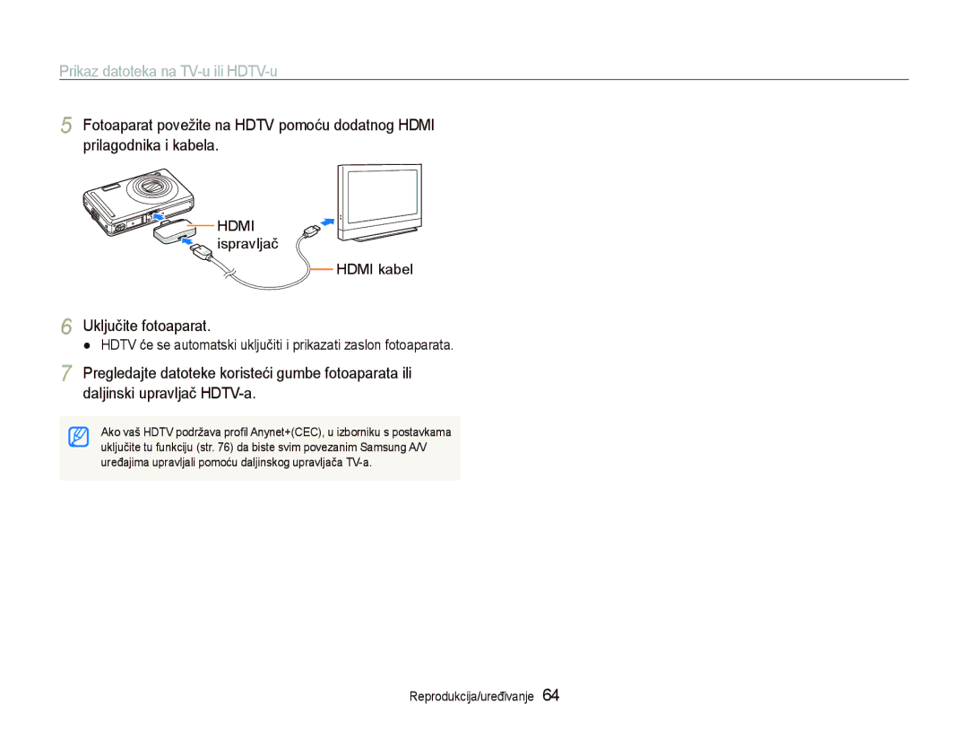 Samsung EC-PL70ZZBPPE3 manual Prikaz datoteka na TV-u ili HDTV-u, Uključite fotoaparat, Hdmi Ispravljač Hdmi kabel 