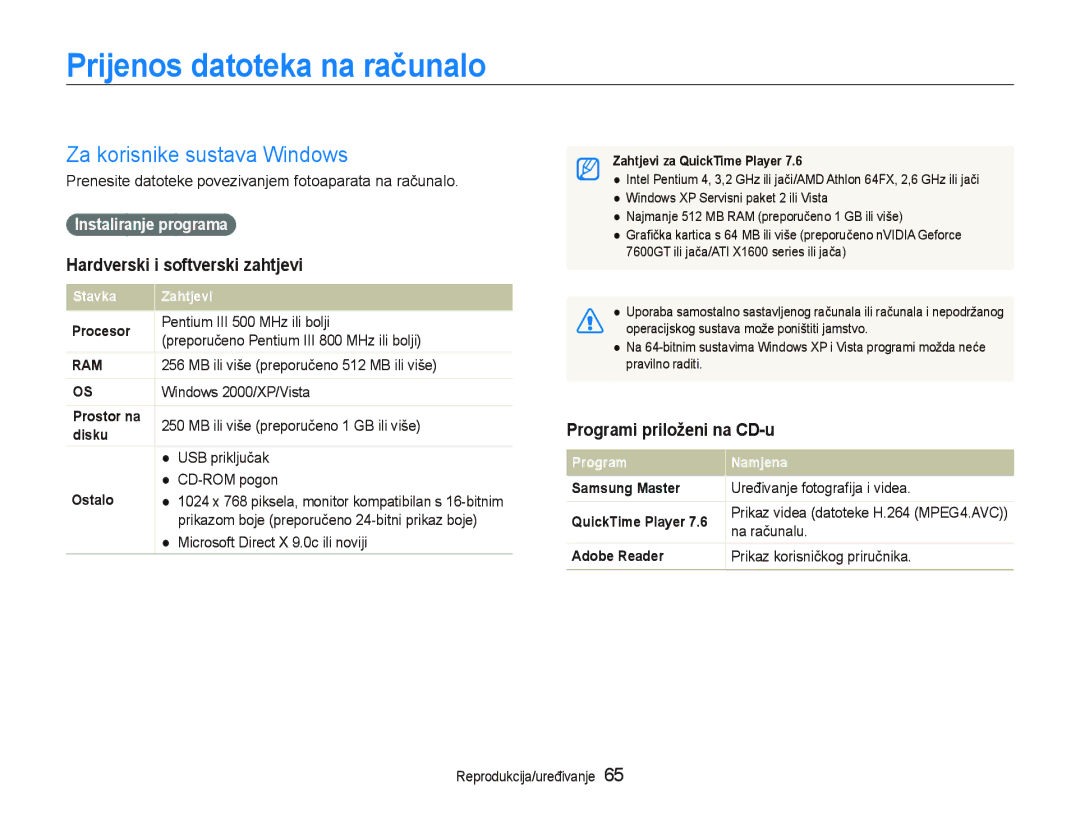 Samsung EC-PL70ZZBPBE3 manual Prijenos datoteka na računalo, Za korisnike sustava Windows, Hardverski i softverski zahtjevi 