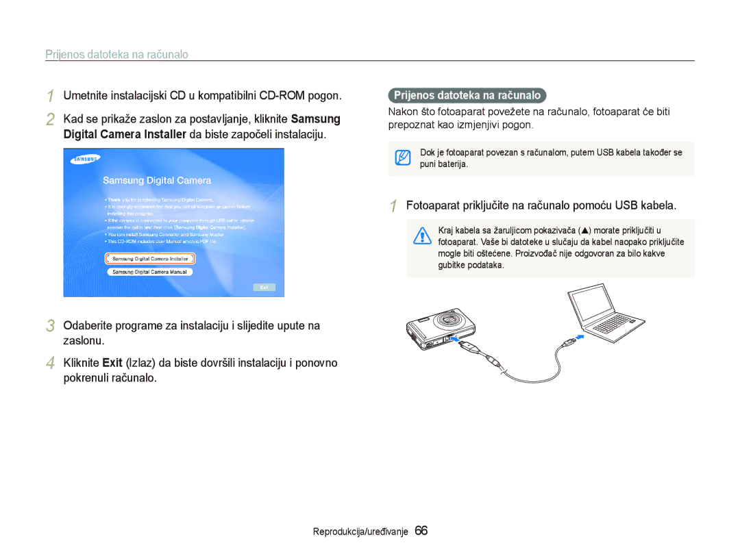 Samsung EC-PL70ZZBPPE3 manual Prijenos datoteka na računalo, Umetnite instalacijski CD u kompatibilni CD-ROM pogon 