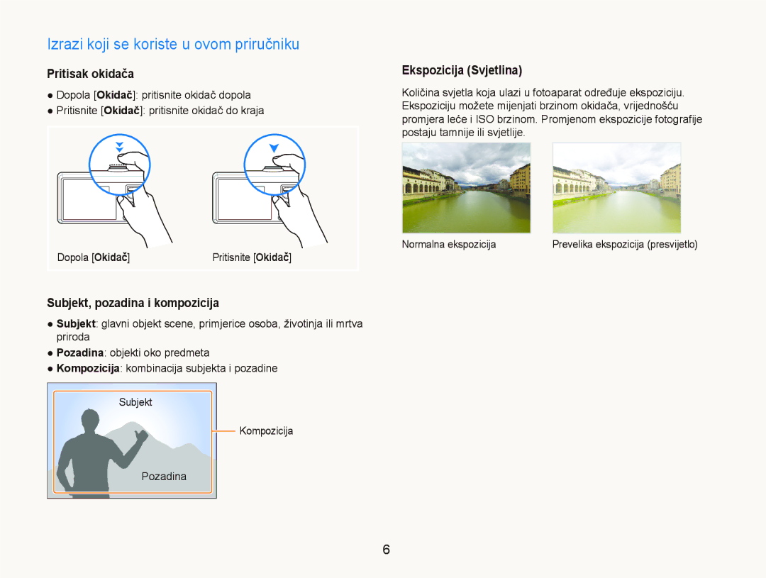 Samsung EC-PL70ZZBPPE3 manual Izrazi koji se koriste u ovom priručniku, Pritisak okidača, Subjekt, pozadina i kompozicija 