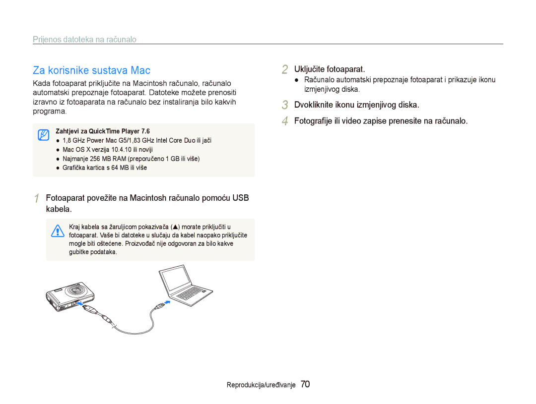 Samsung EC-PL70ZZBPPE3 manual Za korisnike sustava Mac, Fotoaparat povežite na Macintosh računalo pomoću USB kabela 