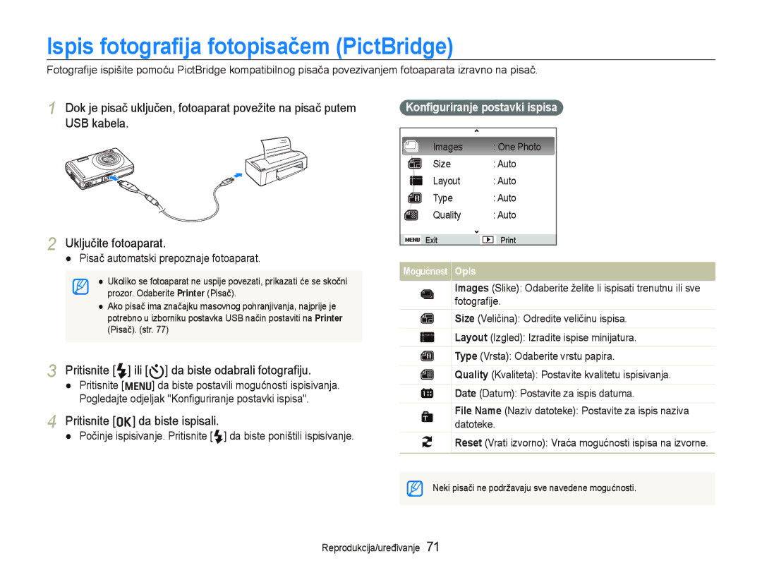 Samsung EC-PL70ZZBPBE3 manual Ispis fotograﬁja fotopisačem PictBridge, Pritisnite F ili t da biste odabrali fotograﬁju 