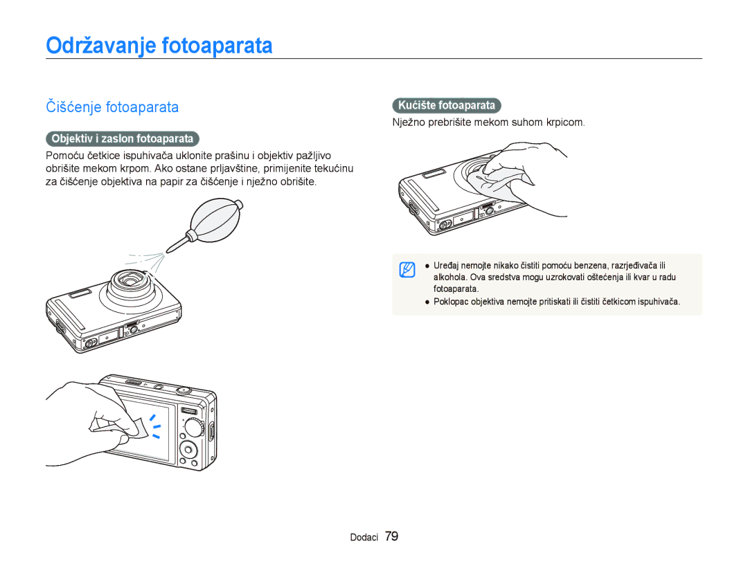 Samsung EC-PL70ZZBPBE3 Održavanje fotoaparata, Čišćenje fotoaparata, Objektiv i zaslon fotoaparata, Kućište fotoaparata 