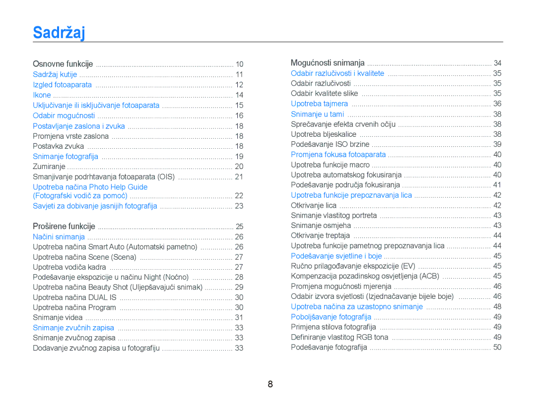 Samsung EC-PL70ZZBPPE3, EC-PL70ZZBPBE3 manual Sadržaj, Upotreba načina Photo Help Guide 