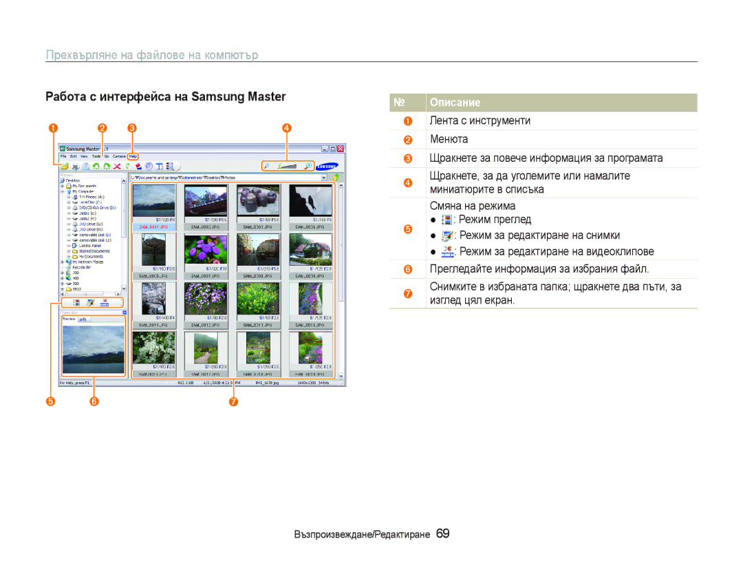 Samsung EC-PL70ZZBPBE3 manual Работа с интерфейса на Samsung Master, Миниатюрите в списъка, Изглед цял екран 