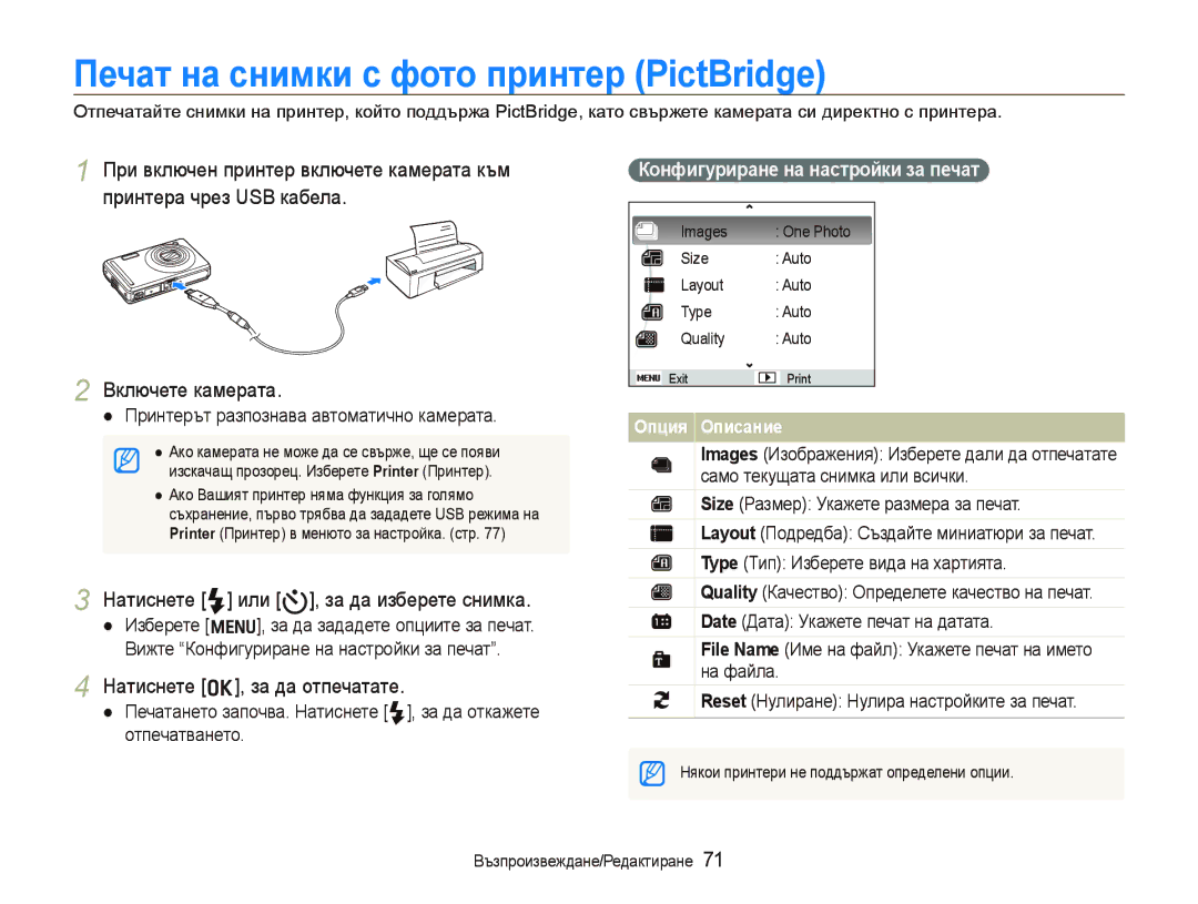 Samsung EC-PL70ZZBPBE3 manual Печат на снимки с фото принтер PictBridge, Натиснете o, за да отпечатате 