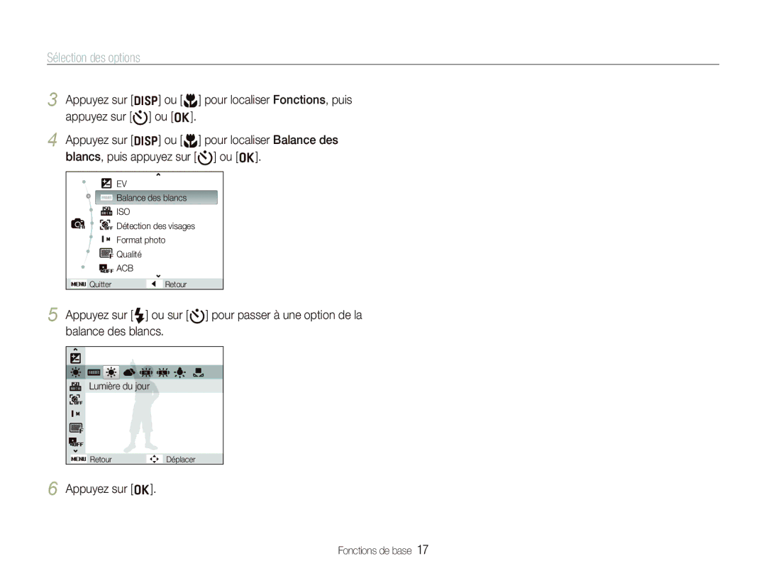 Samsung EC-PL70ZZBCPE1, EC-PL70ZZBPBFR, EC-PL70ZZBPBE1, EC-PL70ZZBPSFR, EC-PL70ZZBPPE1 manual Sélection des options 