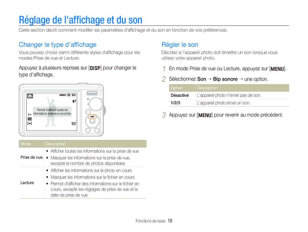 Samsung EC-PL70ZZBPPE1, EC-PL70ZZBPBFR manual Réglage de lafﬁchage et du son, Changer le type dafﬁchage, Régler le son 