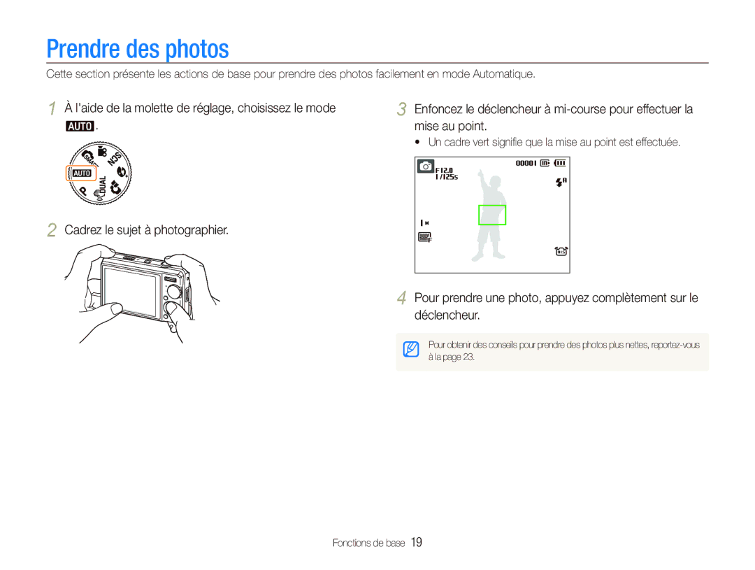 Samsung EC-PL70ZZBPBFR, EC-PL70ZZBPBE1, EC-PL70ZZBPSFR, EC-PL70ZZBCPE1, EC-PL70ZZBPPE1 manual Prendre des photos 