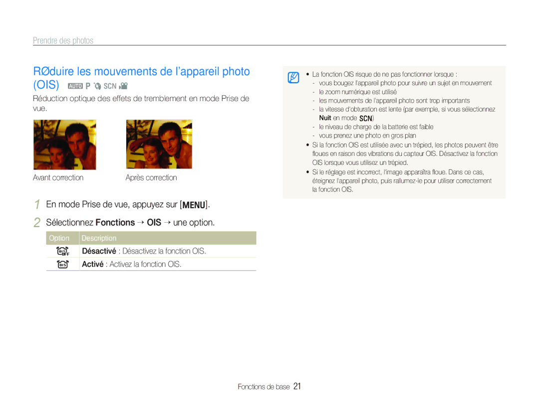 Samsung EC-PL70ZZBPSFR, EC-PL70ZZBPBFR, EC-PL70ZZBPBE1 Réduire les mouvements de lappareil photo OIS, Option Description 