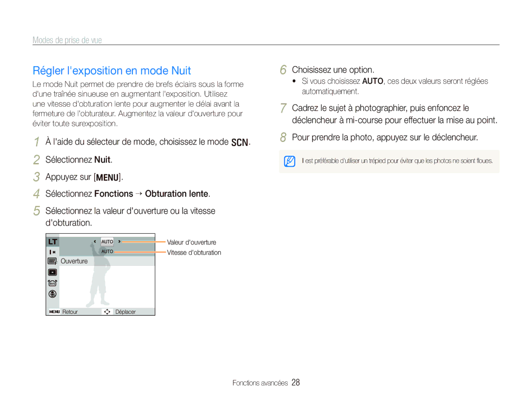 Samsung EC-PL70ZZBPPE1, EC-PL70ZZBPBFR, EC-PL70ZZBPBE1 manual Régler lexposition en mode Nuit, Choisissez une option 