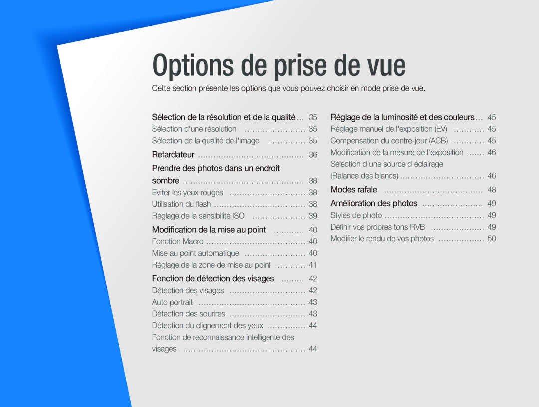 Samsung EC-PL70ZZBPBFR, EC-PL70ZZBPBE1, EC-PL70ZZBPSFR, EC-PL70ZZBCPE1, EC-PL70ZZBPPE1 manual Options de prise de vue 