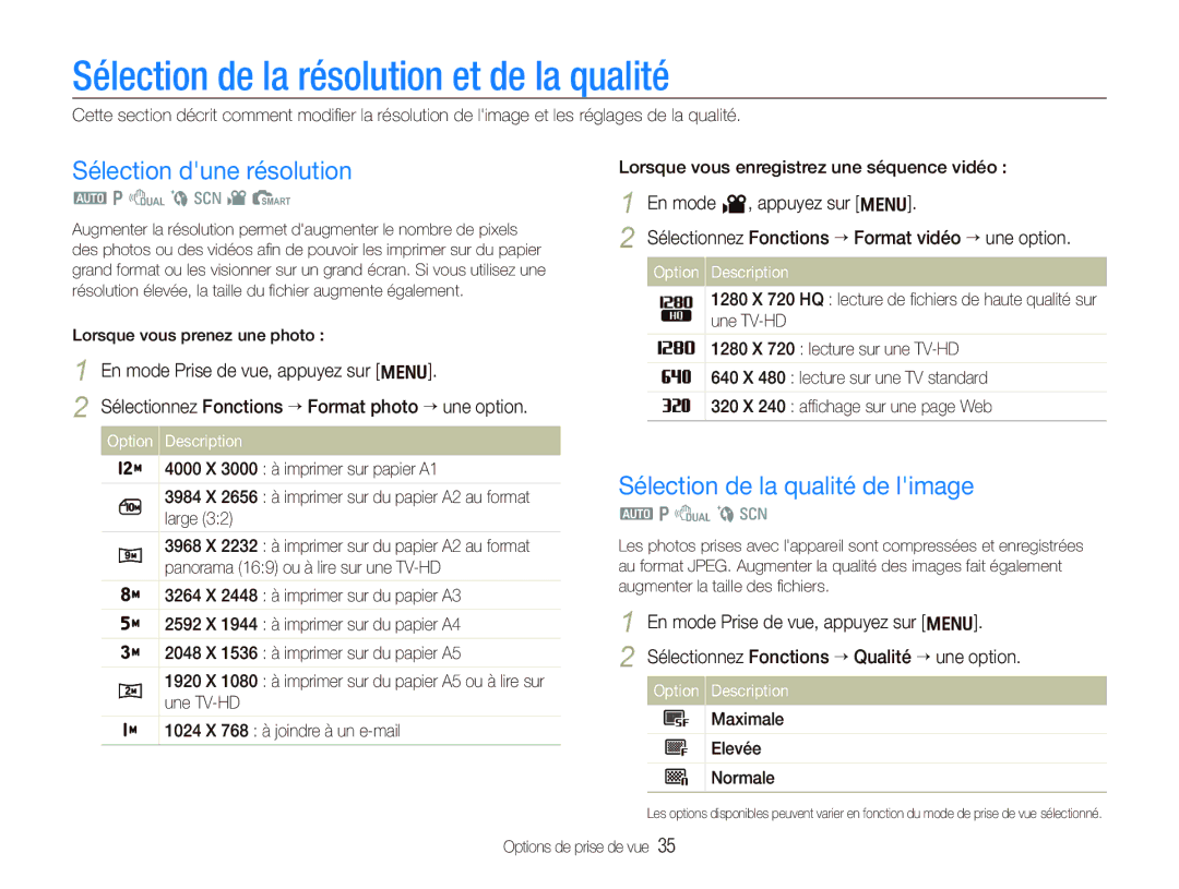 Samsung EC-PL70ZZBPBE1, EC-PL70ZZBPBFR manual Sélection de la résolution et de la qualité, Sélection dune résolution 