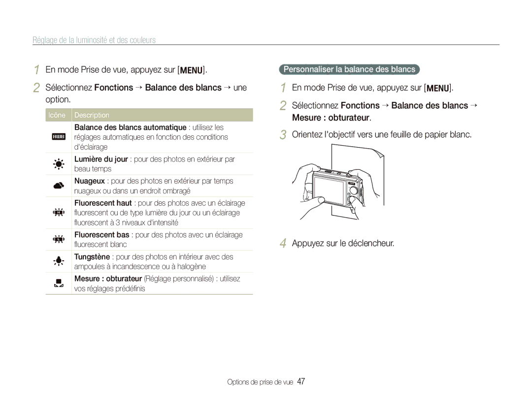 Samsung EC-PL70ZZBCPE1, EC-PL70ZZBPBFR, EC-PL70ZZBPBE1 manual Personnaliser la balance des blancs, Icône Description 