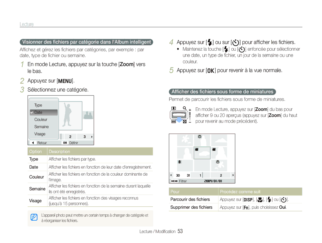 Samsung EC-PL70ZZBPPE1, EC-PL70ZZBPBFR, EC-PL70ZZBPBE1 manual Lecture, Appuyez sur F ou sur t pour afﬁcher les ﬁchiers 