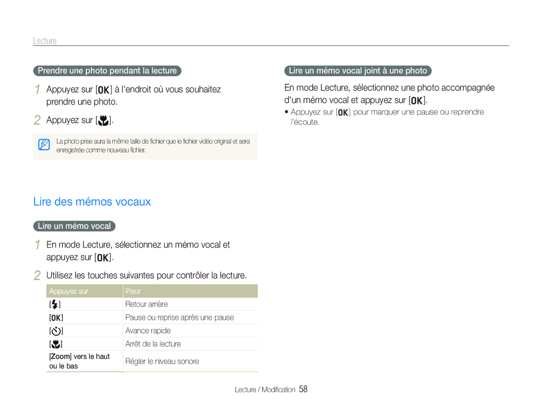 Samsung EC-PL70ZZBPPE1, EC-PL70ZZBPBFR Lire des mémos vocaux, Prendre une photo pendant la lecture, Lire un mémo vocal 