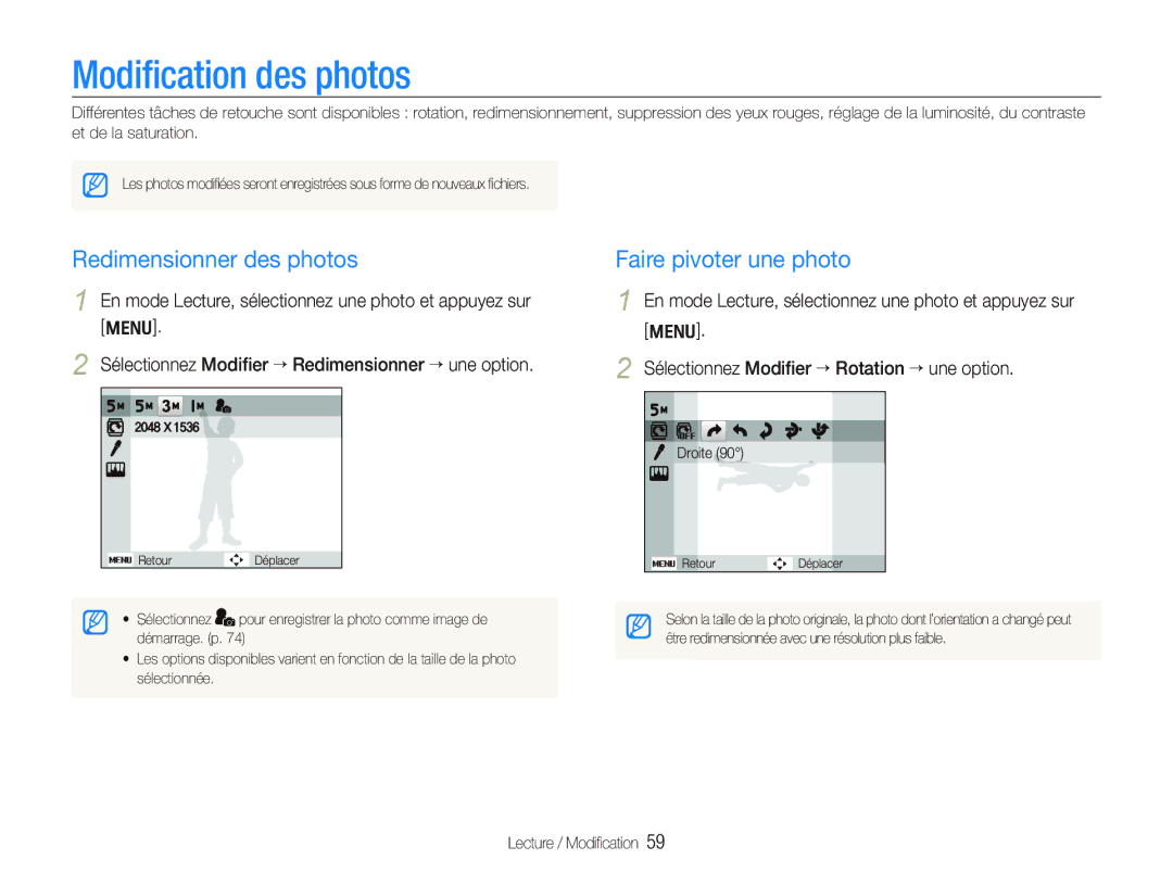 Samsung EC-PL70ZZBPBFR, EC-PL70ZZBPBE1 manual Modiﬁcation des photos, Redimensionner des photos, Faire pivoter une photo 