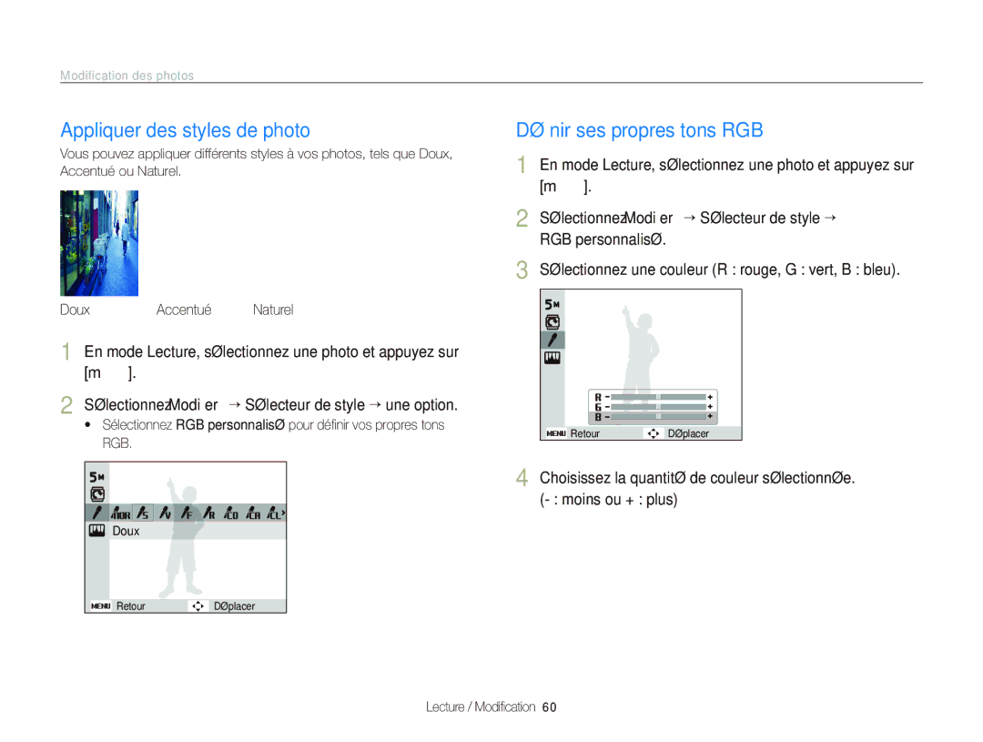 Samsung EC-PL70ZZBPBE1, EC-PL70ZZBPBFR Appliquer des styles de photo, Déﬁnir ses propres tons RGB, Modiﬁcation des photos 