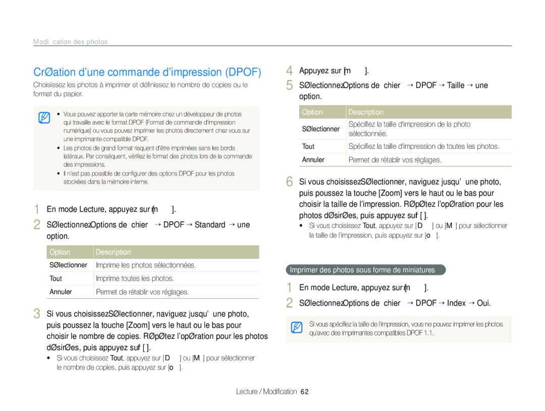 Samsung EC-PL70ZZBCPE1, EC-PL70ZZBPBFR, EC-PL70ZZBPBE1, EC-PL70ZZBPSFR manual Création dune commande dimpression Dpof 