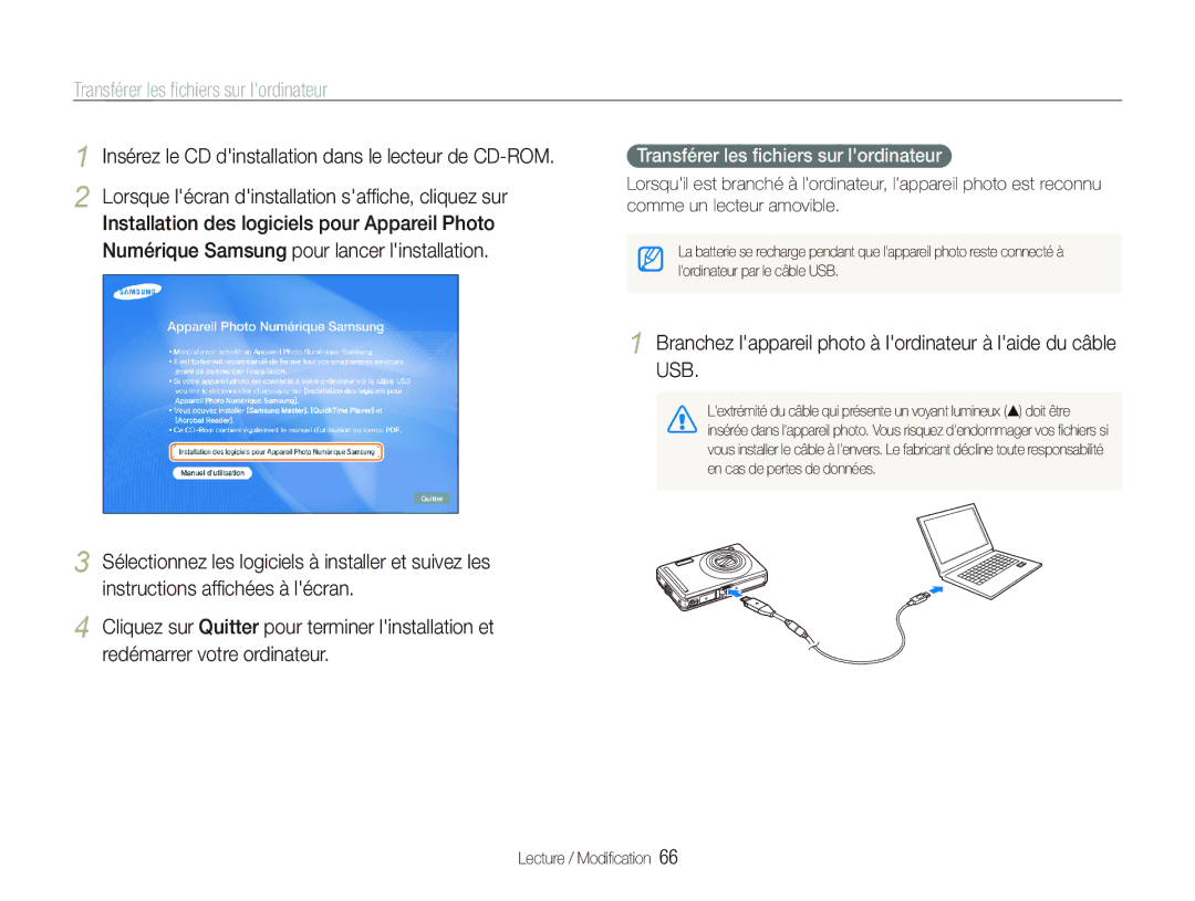 Samsung EC-PL70ZZBPSFR manual Transférer les ﬁchiers sur lordinateur, Insérez le CD dinstallation dans le lecteur de CD-ROM 